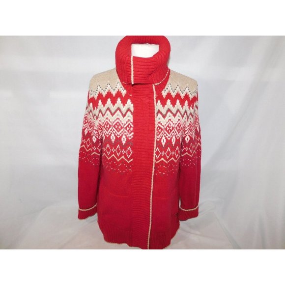 Eddie Bauer Women L Red Tan Fair Isle Full Zip Cardigan Sweater Convertible neck - Picture 12 of 15